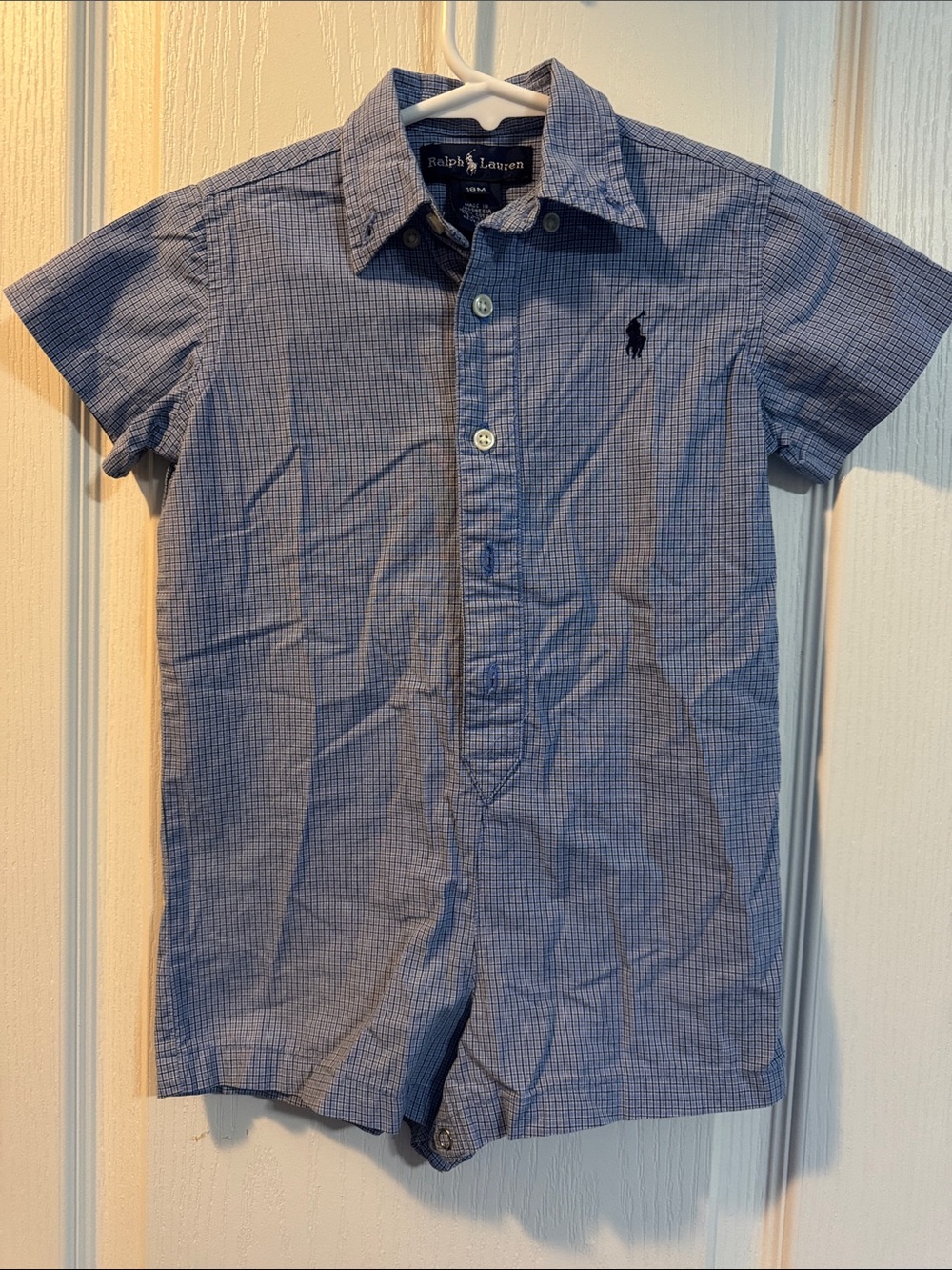 Ralph Lauren Blue Micro-Check Button-Front Short-Sleeve Romper